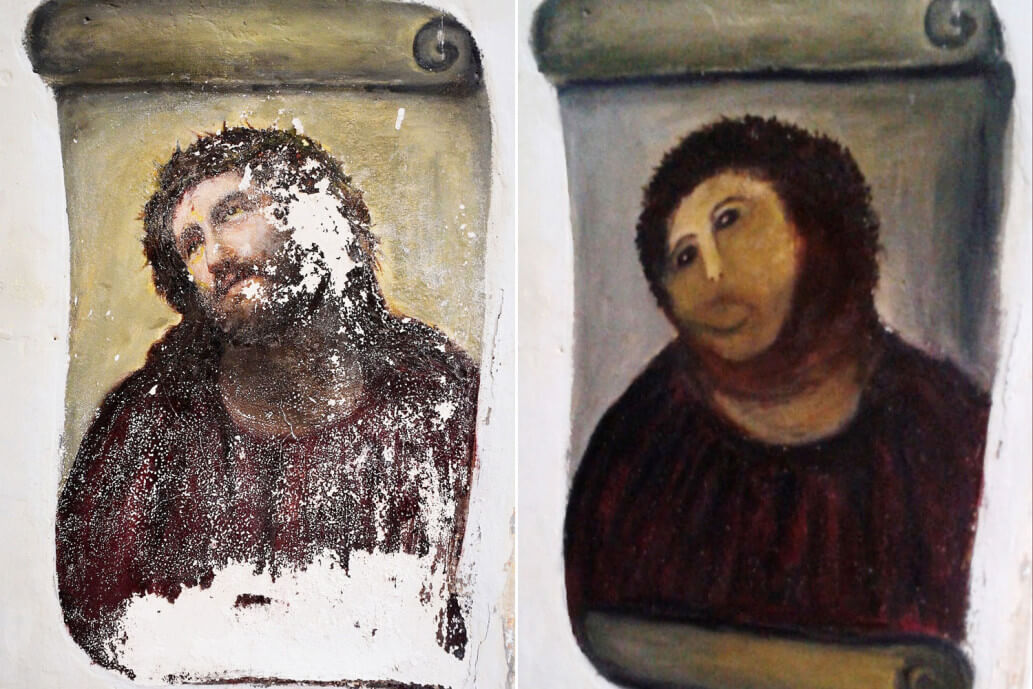 Фреска «Ecce Homo» в Борхе, Испания. А вот самый курьезный акт вандализма случился в городе Борха, который находится в Испании. В местной церкви хранилась фреска под названием «Ecce Homo», которую создал знаменитый художник Элиас Гарсиа Мартинес. Созданная в ХХ веке, она не была подготовлена к сырости, которая ожидала ее в церкви. В итоге за век своего существования фреска сильно испортилась и нуждалась в срочной реставрации.
Свои услуги служителям храма предложила 80-летняя прихожанка Сесилия Хименес. Они согласились, даже не подозревая, что у женщины нет ни соответствующего образования, ни таланта художника. Сесилия трудилась над произведением искусства на протяжении двух лет, но по окончанию ее работы специалисты признали данную реставрацию худшей в истории живописи. Вместо Иисуса, изначально изображенного на фреске, оказался человек, похожий на мохнатую обезьянку. Благодаря испанской газете «Heraldo» о неудачной реставрации узнал весь мир, после чего изображение получило название «Пушистый Иисус». Рисунок стал не просто всемирным интернет-мемом. Также он вдохновил людей на создание большого количества пародий, изображающих знаменитые картины в схожей манере.