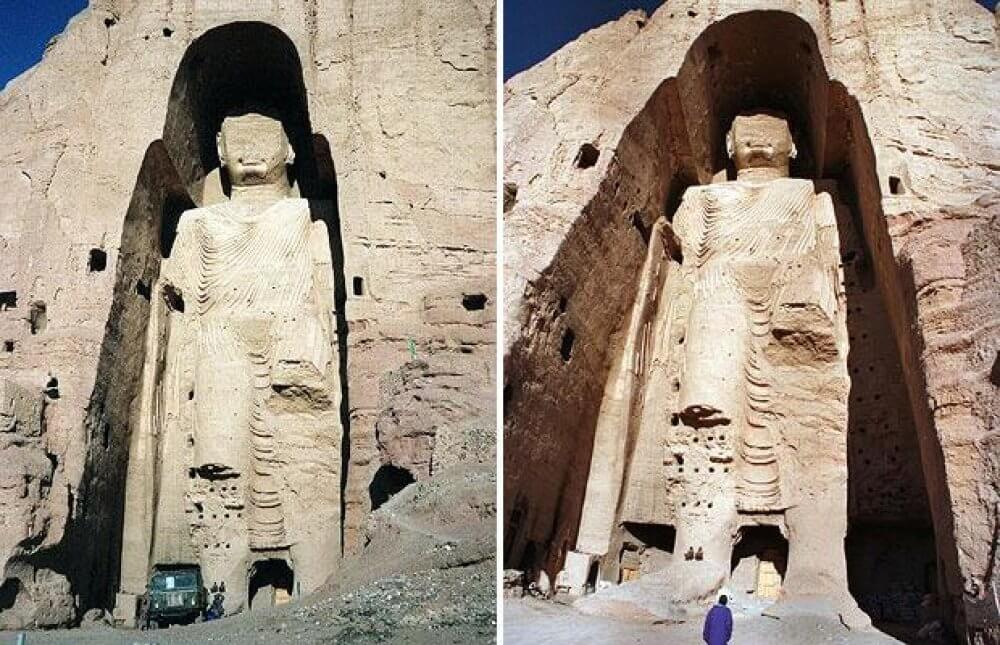 Бамианские статуи, Афганистан. В 1996 году в Афганистане сформировалось радикальное исламское движение под названием «Талибан». Его основатели захватили власть в государстве и правили им вплоть до 2001 года. За несколько месяцев до своего падения боевики уничтожили Бамианские статуи, совершив тем самым немыслимое преступление перед мировой культурой. Памятники буддийской культуры, расположенные в центральной части Афганистана, были возведены в III веке при правлении знаменитого индийского царя Ашока. Они простояли на этой земле полторы тысячи лет и могли бы стоять столько же, если бы талибы при помощи ракет, мин и динамитов не оставили от статуй одни обломки.
В 2003 году буддийские сооружения, расположенные в Бамианской долине, включили в список Всемирного наследия ЮНЕСКО. Было принято решение восстановить статуи Будды, однако на это требовалось огромное количество денег. От идеи реконструкции отказались еще и по соображениям морали: людям нужны были оригиналы, а не копии.