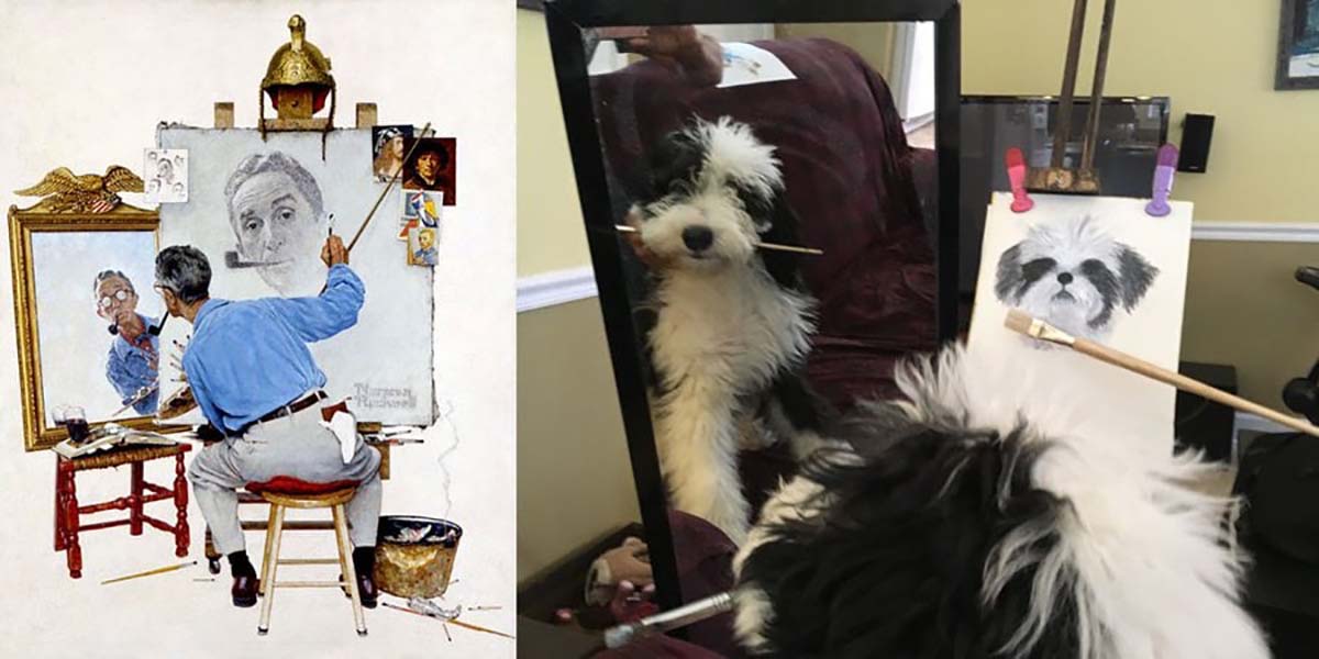 Вот, например, «Тройной автопортрет» Нормана Роквелла в интерпретации собаки.