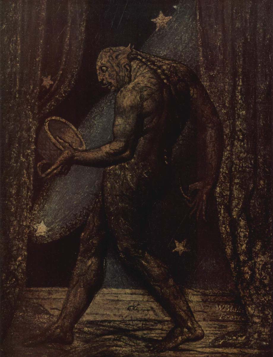 Уильям Блейк, «Призрак блохи», 1820 год

Сейчас Уильям Блейк достаточно знаменит, его считают гениальным художником, опередившим свое время. Однако его современники считали его сумасшедшим. Уильям Блейк был увлечен астрологией со своим другом Джоном Варли. Вместе они устраивали сеансы спиритизма. Блейк уверял, что он видит демонов, ангелов, призраков, которые ему позировали для картин. Одно из его видений стало картиной «Призрак блоки»: то ли человек, то ли насекомое застыло на сцене в драматичной позе. Существо держит в руках пустую чащу, словно пожирая ее взглядом. Блейк рассказал своему другу Варли, что блохи населяют души таких людей, которые жаждут крови.