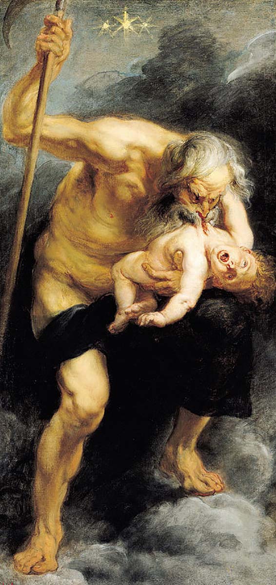 Пол Рубенс, «Сатурн, пожирающий своего сына», 1823 год

Согласно некоторым версиям греческой мифологии, Сатурн (или Кронос) полагал, что ему суждено быть побежденным его собственными сыновьями, поэтому он пожирал каждого новорожденного, чтобы победить пророчество. Рубенс нарисовал этот сюжет, вселяющий ужас, несколько иначе, чем Гойя, который изобразил монстра, откусывающего голову взрослому человеку. В работе Рубенса Сатурн — безжалостный убийца — медленно поедает младенца сантиметр за сантиметром.  