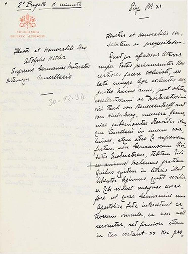 Письмо папы Пия XI Адольфу Гитлеру в ответ на его послание, в котором рейхсканцлер Германии выразил надежду на укрепление связей с Ватиканом, 1934 год.