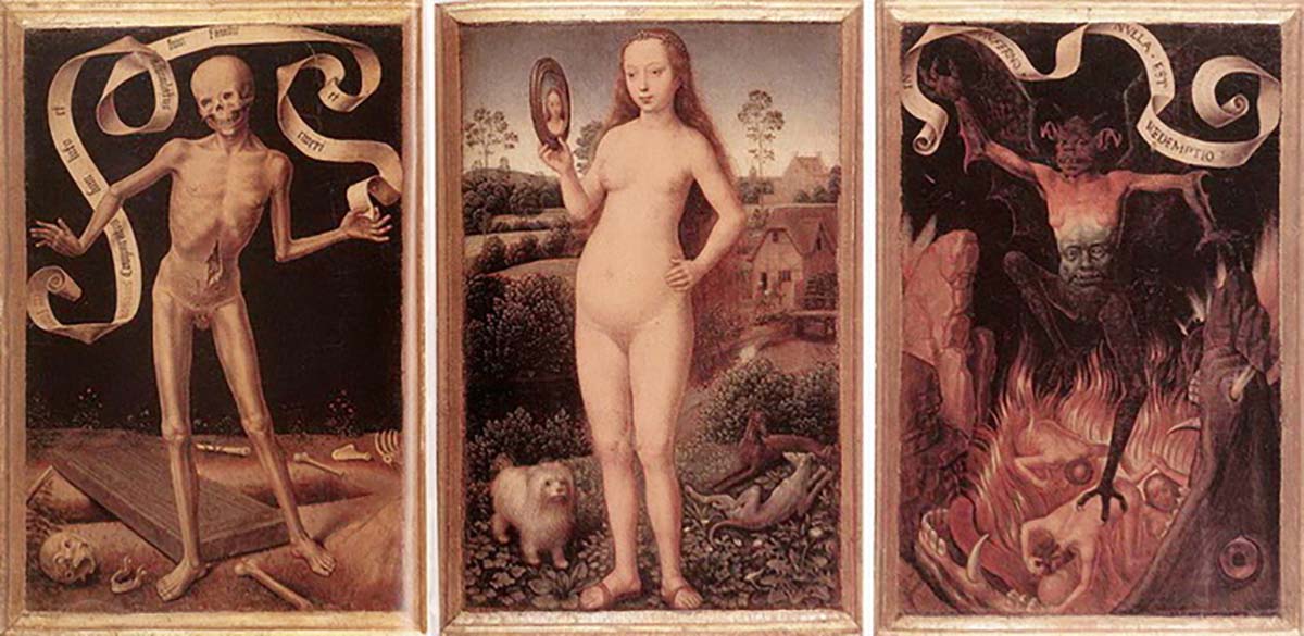 Ганс Мемлинг, «Ад», 1485 год
Женщина и мужчина, дракон и собака, летучая мышь и сам дьявол — все это объединил в себе один персонаж картины, танцующий на телах тех, кто был проклят в вечном огне ада. Картина Мемлинга собрала в себе весь страх и ужас преисподней. Грешники жарятся в челюстях гигантской рыбы, а демон держит в руках змея. Все происходящее полностью отрицает возможность существования надежды: «В аду искупления нет». Вся сцена — часть триптиха земной суеты и Божественного спасения, который был создан для того, чтобы пугать прихожан XV века, призывая их к лучшему поведению.