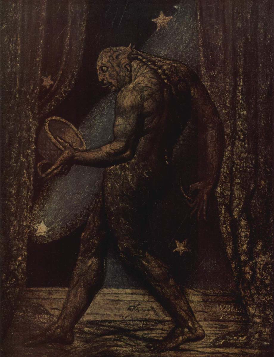Уильям Блейк, «Призрак блохи», 1820 год
Сейчас Уильям Блейк достаточно знаменит, его считают гениальным художником, опередившим свое время. Однако его современники считали его сумасшедшим. Уильям Блейк был увлечен астрологией со своим другом Джоном Варли. Вместе они устраивали сеансы спиритизма. Блейк уверял, что он видит демонов, ангелов, призраков, которые ему позировали для картин. Одно из его видений стало картиной «Призрак блоки»: то ли человек, то ли насекомое застыло на сцене в драматичной позе. Существо держит в руках пустую чащу, словно пожирая ее взглядом. Блейк рассказал своему другу Варли, что блохи населяют души таких людей, которые жаждут крови.