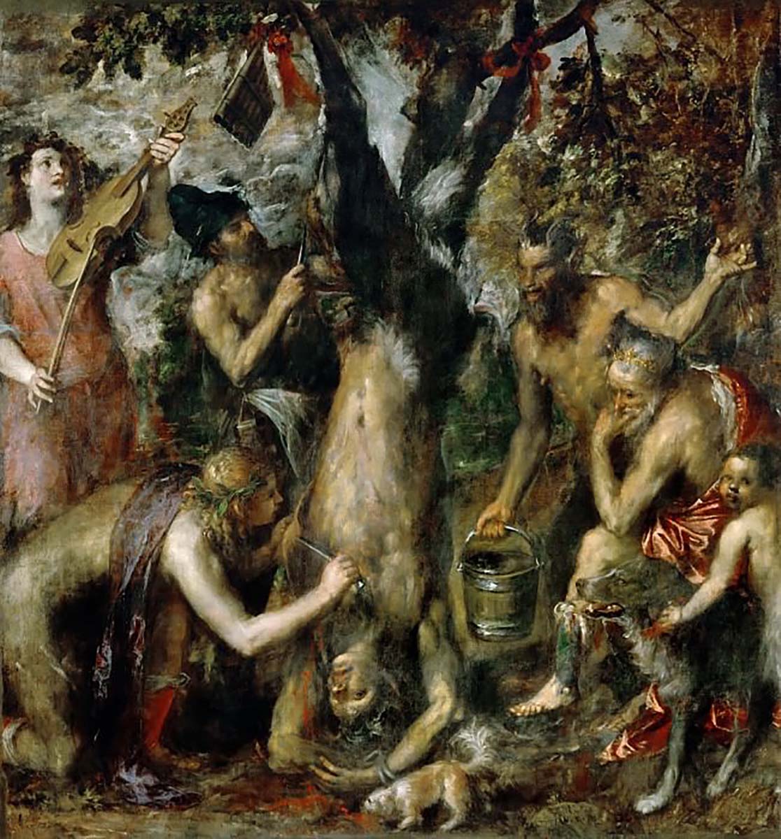 Тициан, «Наказание Марсия», 1575 год
Тициан продолжил традицию изображения мифов и легенд. Основа сюжета картины: миф об Аполлоне и Марсии. Они вступили в долгий спор, так как не могли решить, что лучше — флейта или кифара, чье мастерство выше — бога или сатира. Марсия проиграл, а за его надменность с него стали сдирать кожу. Палачом выступил сам Аполлон, он изображён на корточках с ножом в руке. Взгляд зрителя привлекает персонаж, сидящий справа от главного. Он напоминает самого Тициана, наблюдающего за сценой. Собаки изображены на полотне не случайно: в большинстве культур собака — друг человека и защитник. Однако на картине одна собака бессердечная и гордая, а вторая жадно пьет кровь мученика.
Для Тициана картина стала его собственным посланием о гордости и высокомерии.