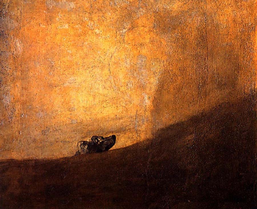 Франсиско Гойя, «Собака», 1823 год
«Собака» — одна из так называемых «черных картин» Гойи — была написана в те годы, когда художник страдал от болезни, из-за которой он впоследствии оглох. Это самое суровое, быстрое и вневременное из кошмарных видений. На картине изображена голова собаки, которая борется с огромным пространством. Не совсем понятно, где именно находится собака: то ли она выныривает из мутной воды, то ли тонет в песках, то ли появляется из-за склона. Взгляд собаки наполнен беспомощностью и беззвучным криком о помощи.